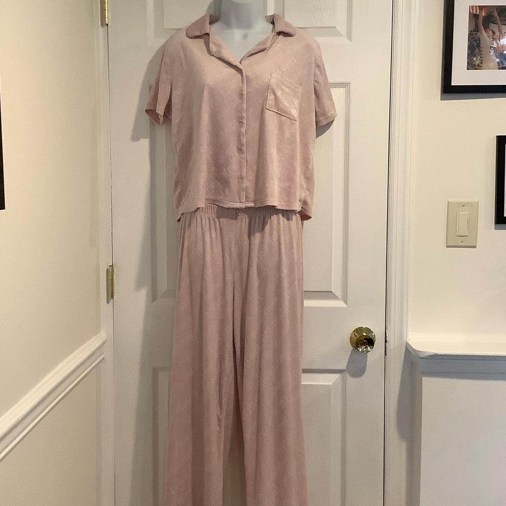 VINTAGE JUICY COUTURE Pink Y2K 2 Piece Soft Velour Branded Print Pajama Set L